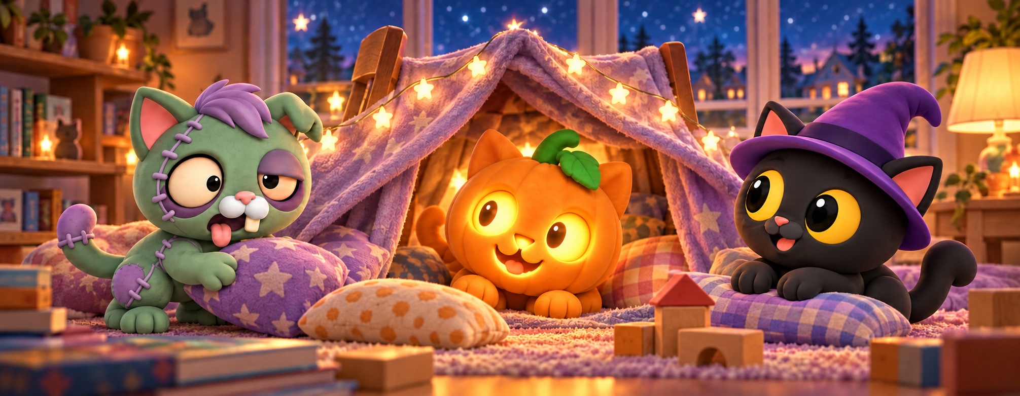 Three Monster Kitties, a green stitched-up kitten, a glowing pumpkin kitten and a black witch kitten, playing in a starry blanket fort in a cosy night-time playroom