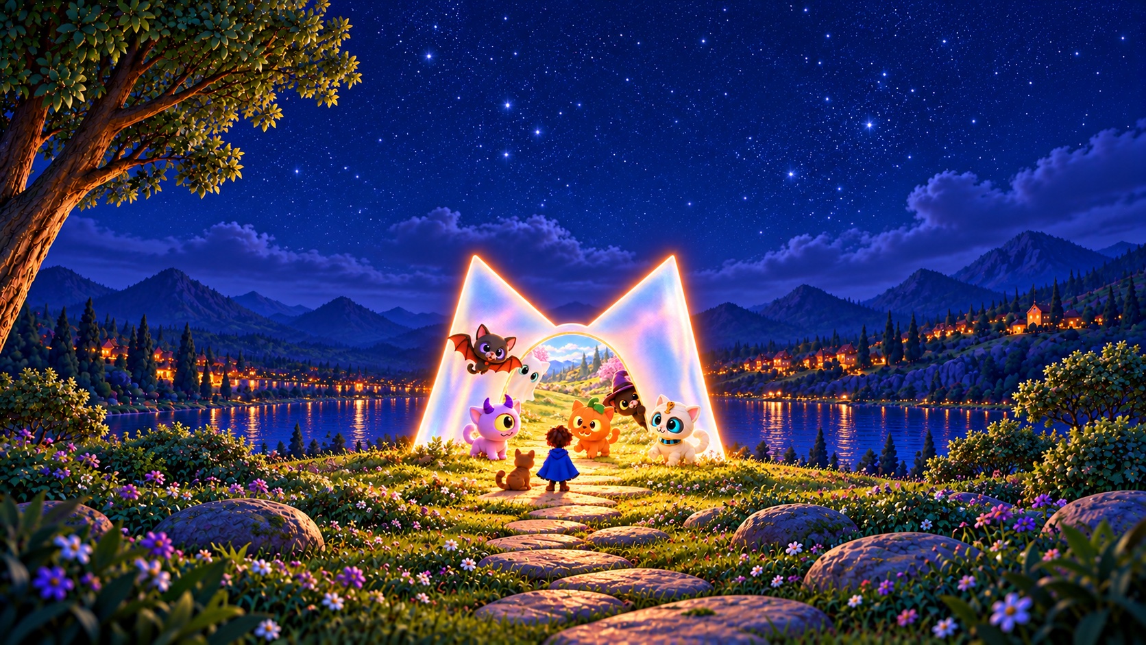 A child and a kitten walk a stone path towards a glowing cat-eared archway surrounded by the Monster Kitties under a starry sky